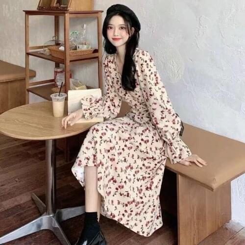 Temperament Flower Dress woman 2021 autumn dress new design feeling small waist show thin mid-long platycodon skirt