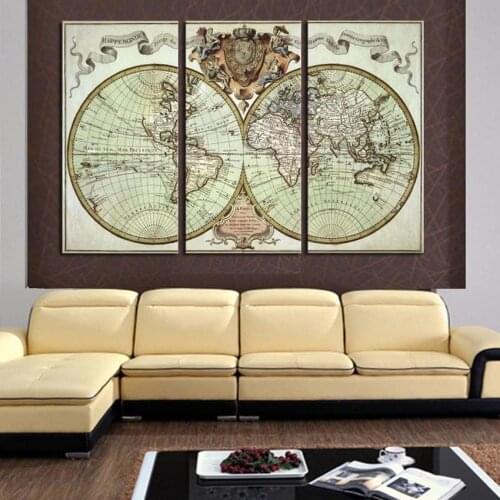 3 Panels Antique Maps HD Canvas Print Painting On Canvas Prints Artwork Modern Home Wall Decor Painting Canvas Picture Unframed