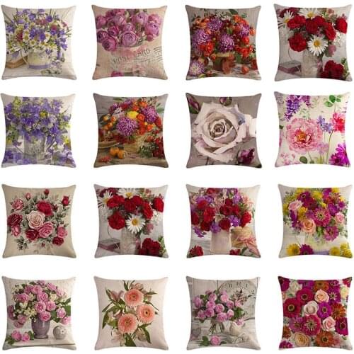 45x45cm Modern Country Style Pink Flower Linen Custom Cushion Cover Decorative Sofa Car Chair Pillow Case Rose Pillow Cover