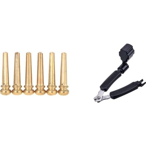 6 Pieces Brass Folk Acoustic Guitar Bridge Pin Peg Nail Metal with Black 3 in 1 Multifunction Guitar String Winder