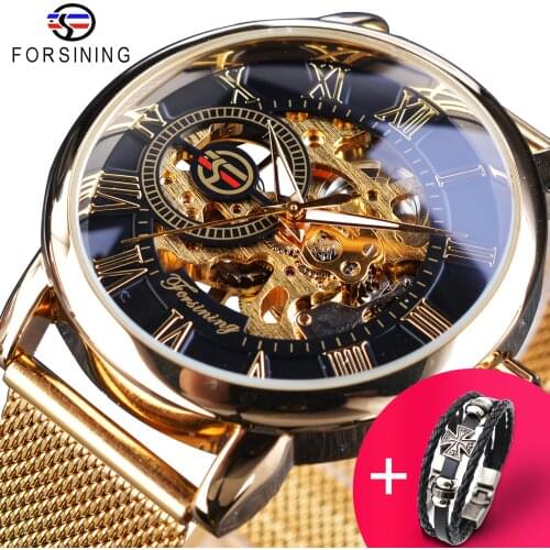 Forsining Watch + Bracelet Set Combination Transparent Fashion 3D Logo Mens Watches Brand Luxury Mechanical Skeleton Wrist Clock