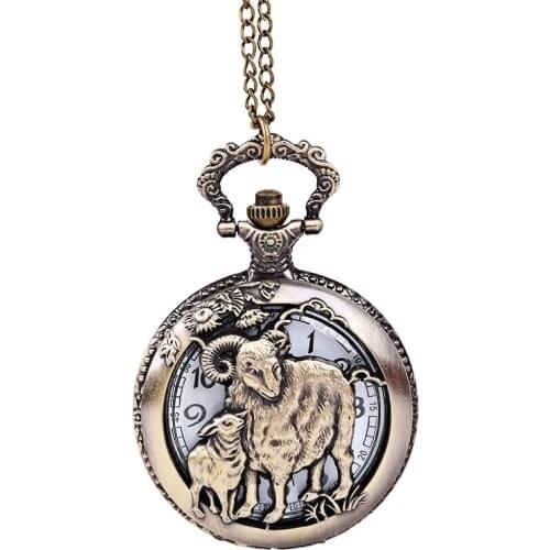 Retro trend bronze two sheep perspective pattern open white digital pocket watch mens and womens accessories belt chain