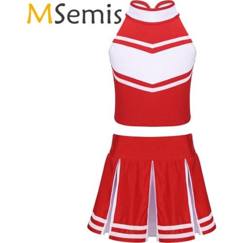 Kids Girls Cheerleader Costume Dancewear Outfit Zippered Tops with Pleated Cheerleading Skirt Childrens Cheerleading Dancewear