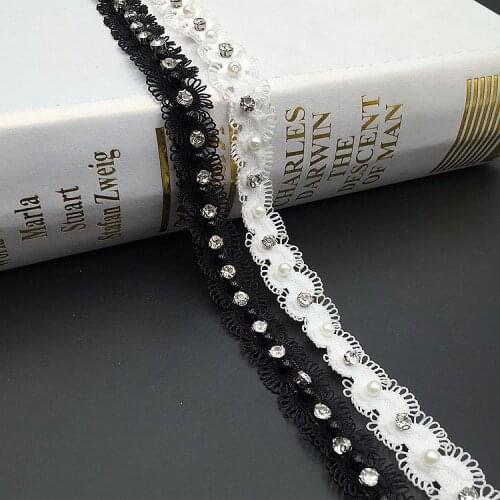 1 Yard White Black Pearl Beaded Diamond 3D Lace Trim Tape Lace Ribbon African Lace Fabric Wedding Dress Sewing Garment Craft