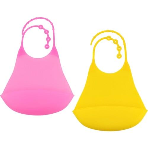 2Pc Adults Silicone Bib Reusable Clothing Protector Easly Wipe Clean Pink+Yellow