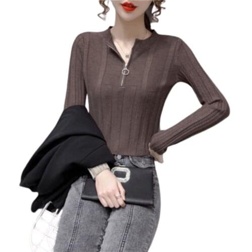 Autumn And Winter New Sweater Women Half High Neck Zipper Pit Pattern Pullover Knit Korean Version Of Solid Color Slim Sweater