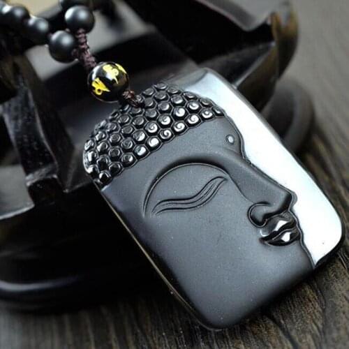 Jadery Handmade Natural Black Obsidian Gem Buddha Head Pendant Necklace Amulet Men or Women Extend Bead Chain Prayer Necklace