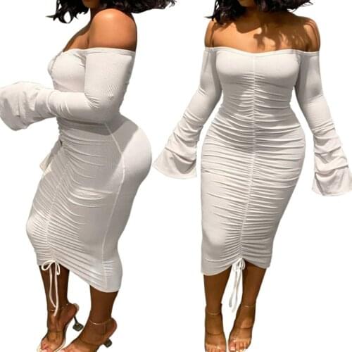 Women Ruched Sheath Dress, Adults Off-shoulder Solid Color Boat Neck Flare Sleeve Dresses with Drawstring Spring Autumn