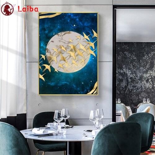 Full diamond painting Abstract art, golden birds, moon diamond embroidery 5D rhinestone mosaic diamond inlaid pattern