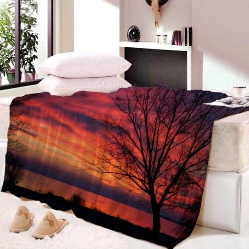 3D Print Bedspread Sunset Lake Birds Bed Blanket Blue Purple Fleece Blanket Tree Landscape Linen Blanket