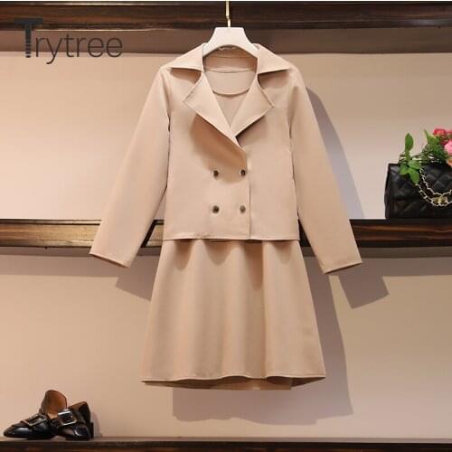 Trytree 2020 Spring Two Piece Set Casual Turn-down Collar Single Breasted Coat + Vest Dress Solid Khaki A-line Set 2 Piece Set