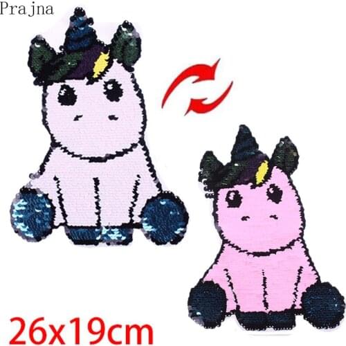 Prajna Cute Unicorn Reversible Patch Horse Sequin Glitter Embroidered Patches Stripe Sew On Patches For Clothes Stickers Badge