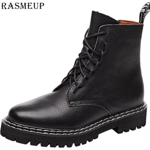 RASMEUP Plus Size Genuine Leather Womens Platform Boots 2019 Winter Warm Women Chunky Boot Comfortable Women Shoes