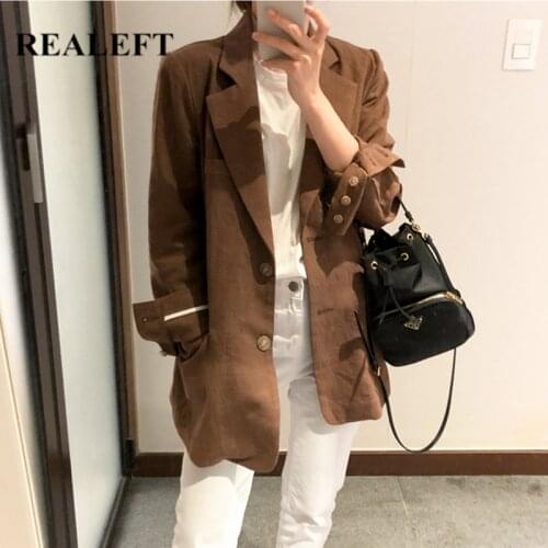 REALEFT New 2021 Cotton Linen Single Breasted Women Blazers Pockets Spring Summer Female Formal Jackets Elegant Loose Outerwear
