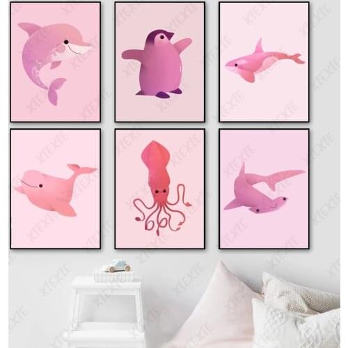 Pink Background Wallpaper Poster Marine Life Canvas Painting Dolphin Octopus Art Nordic Print Picture for Home Decoration Craft