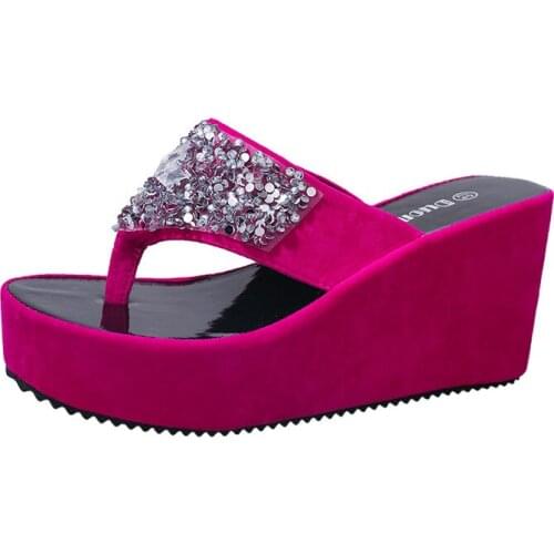 Womens Wedge Sliper Summer Womens Shoes Rhinestone Woman Flip Flops Wedged Platform Designer Shoes Schoolgirl Beach Slippers