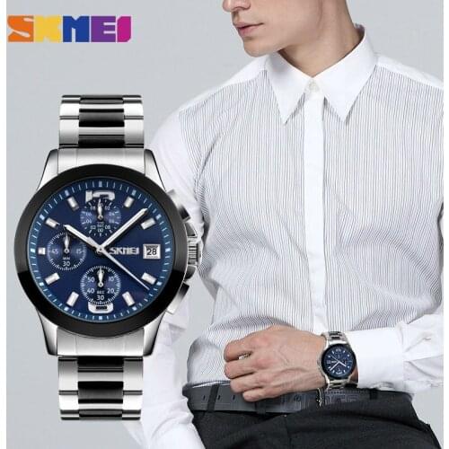 SKMEI Brand Mens Watches Business Series Luxury Stainless Steel Quartz Wristwatch Men Chronograph Waterproof 30m Clock 9126