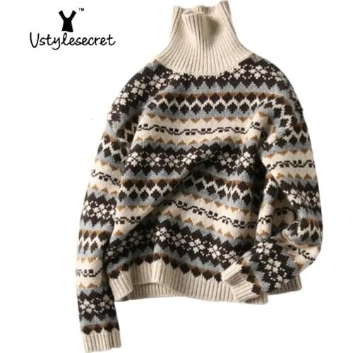 Vintage Jacquard Turtleneck Sweater Female Trendy Thicked Warm свитер Artificial Wool Cardigan Winter Clothes Women Tops U10912