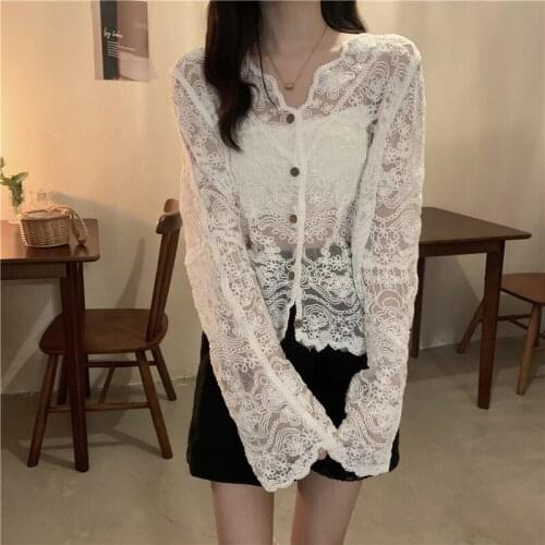 New style small shirt hook flower hollow-out long sleeve lace blouse female sunscreen top 2021