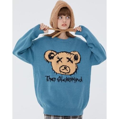 Women Sweaters 2020 Autumn Winter Cartoon Teddy Bear Pattern Casual Korean Style Pullover Oversize Vintage Warm Jumper Sweater