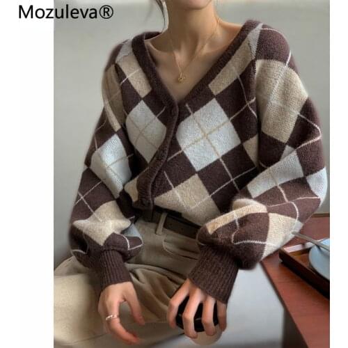 Mozuleva New Autumn Vintage Argyle Knitted Sweaters Women Casual V-neck Full Sleeve Single-breasted Loose Female Cardigans 2021