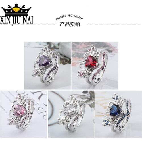 5 colors 2/Pcs/set 2018 Fashion Crown Swan Shape Ring Lady Ring Womens Engagement Wedding Rings Female Party Jewelry Size 5-12