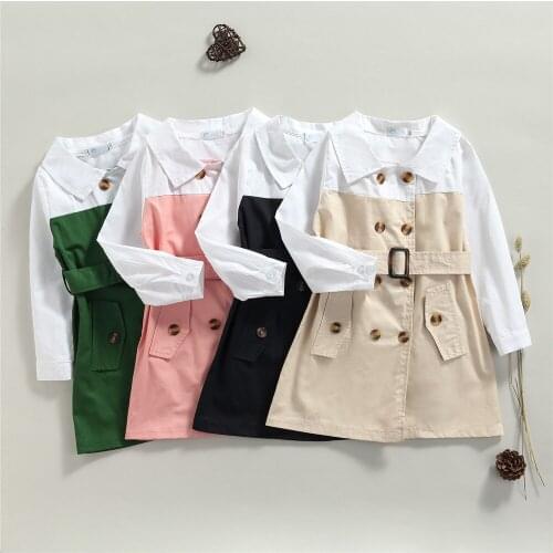2021 2-7Y Casual Toddler Girls Dress Patch Double-breasted Turn-down Collar Long Sleeve Shirt Dress With Belt Spring Autumn Top