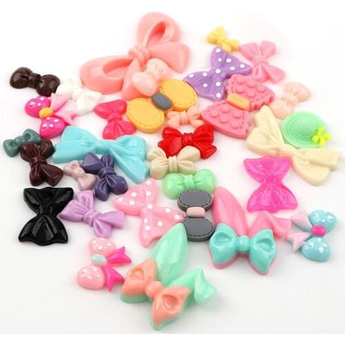 30pcs/Lot Mix Colors Design Cabochons Botoes Flat Back Resin Glitter Pastel Confetti Bow Resin For Girls DIY Phone Decoration