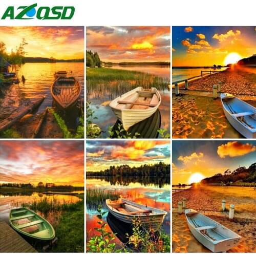 AZQSD 5D DIY Diamond Painting Sunset Boat Full Square/Round Drill Diamond Embroidery Scenery Mosaic Cross Stitch Sale Crafts