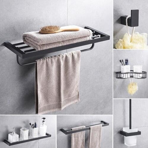 Black square bathroom accessories set wall mounted stainless steel modern galss shelf towel hook ring in bathroom hardware set