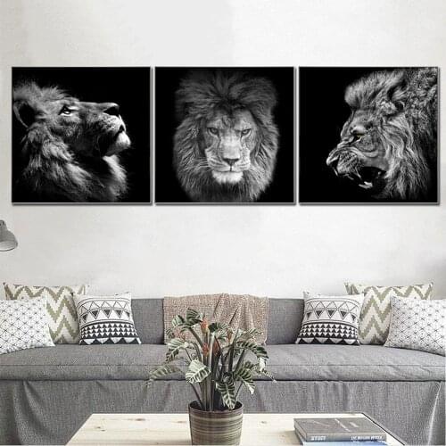 Modern Decor 3 Panels Black Lion Head Canvas Painting Art On Wall Posters And Prints African Animal Picture For Living Room