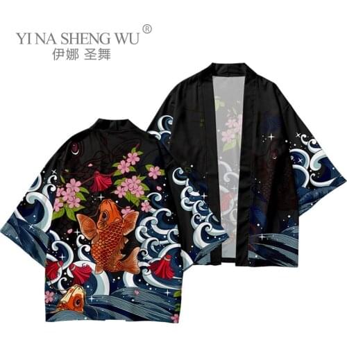 Japanese Style Koi Kimono Tokyo New Fashion Streetwear Haori Men Cardigan Printing Japan Koi Beach Summer Robe Chinese Clothing