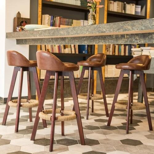 Creative solid wood bar chair bar stool American retro simple home bar stool high stool front cash register rotation