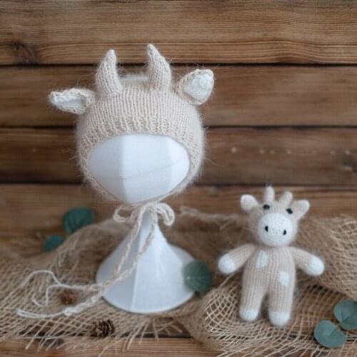 Cream Cow Bonnet and Toy Hand Knit Angola Hat and Animal Stuffed Set Photography Props