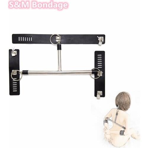 Metal Shackles Spreader Bar Bondage Set with Leather Handcuffs Collar Sex Toys for Adults Games Bdsm Fantasy Fetish Role Play