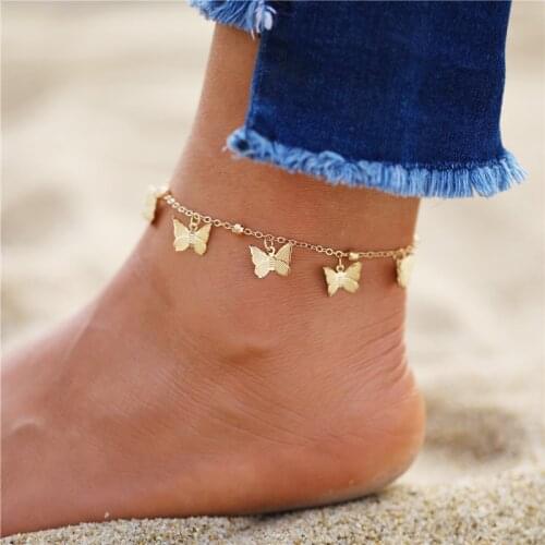 Fashion Gold Butterfly Anklets For Women Vintage Siilver Color Heart Beads Anklet Summer Beach Ankle Foot Chain Jewelry