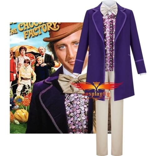 Anime Movie Musical Willy Wonka Men Cosplay Costume Adult Man Outfits Medieval Purple Trench Pants Blouse Vest Halloween Cos