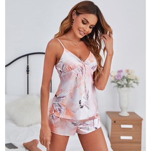 2PC New Ladies Pajamas Summer Silk Womens Pajamas Suit Sexy Suspender Shorts Ladies Homewear Sexy Lingerie Womens Pajamas Suit