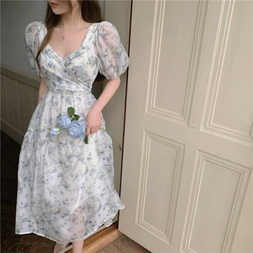 Floral Dress for Women Party French Vintage V-neckPuff sleeveOffice Lady Casual Club Sexy Dresses Summer 2021 Newfashion Clothes