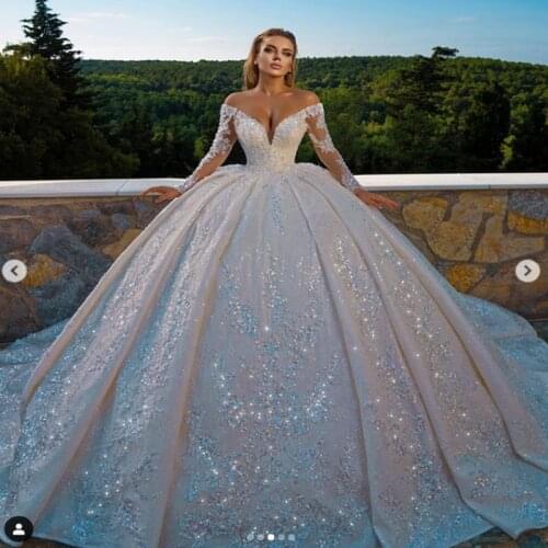 Luxury Beads Stones Lace Ball Gown Wedding Dresses Sexy V Neck Open Back Long Sleeve Wedding Bridal Gowns Vestido de Noiva