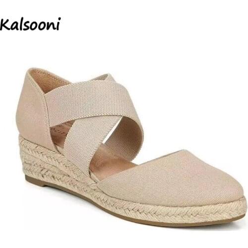 Kalsooni Women Wedge Sandals Roman Thick Hemp Rope Sole Cross-tied Sandals
