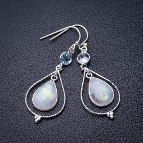 StarGems Natural Rainbow Moonstone And Blue Topaz Handmade 925 Sterling Silver Earrings 2" D7231
