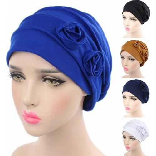New Womens Hats Spring Summer Two Flowers Decorative Cotton Hat Muslim Stretch Turban Hat Cap Hair Loss Headwear Hijib Cap