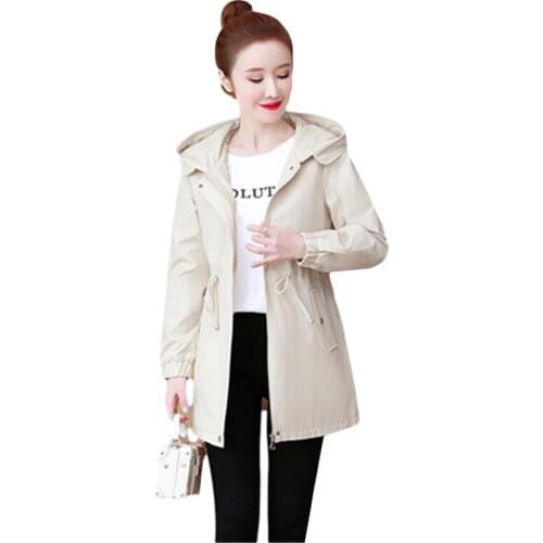 Spring Hooded Windbreaker Women Mid-Length Autumn British Style Solid Embroidery Trench Coat Female Loose Baseball Uniform H1199