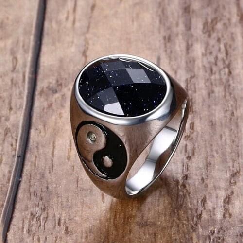 Vintage Men Boy Oval Tiger Eye Natural Stones with Yin Yang Symbol Ring Stainless Steel Male Accessories Anel Aneis