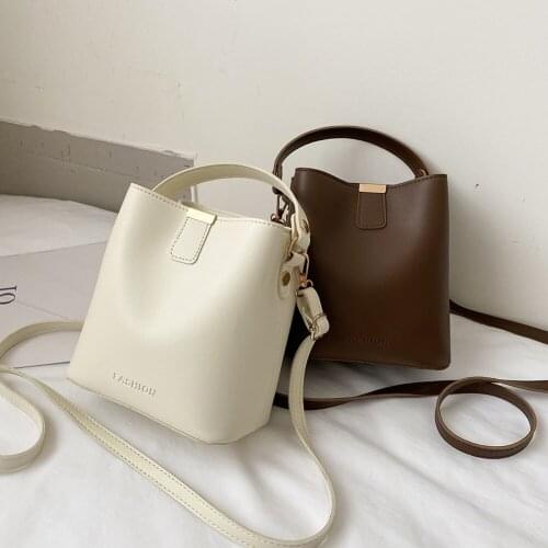 Women Fashion All-match Pure Color Shoulder Bag PU Leather Ladies Vintage Bucket Handbag Crossbody Bag