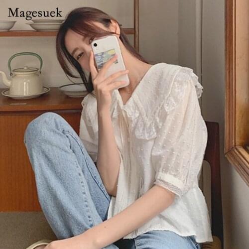 Women Chic Short Shirt Summer Shirt Lace Lapel Bubble Sleeve Short Sleeve Womens Blouse with Lace Sweet Shirt for Girl 13744