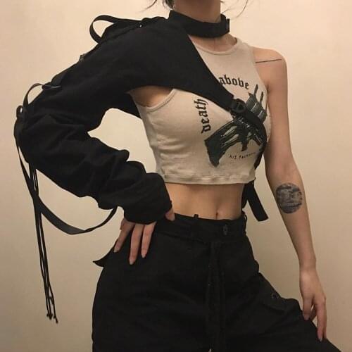 Summer Womens Drawstring Metal Buckle Halter Long Sleeve Top Cosplay Costume Streetwear Hip Hop Gothic Arm Armor Accessories
