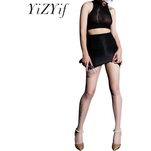Womens Lingerie Sexy Clubwear Clothes Set Stockings Style Glossy Mesh See-through Sleeveless Crop Top with Slim Fit Hip Skirt