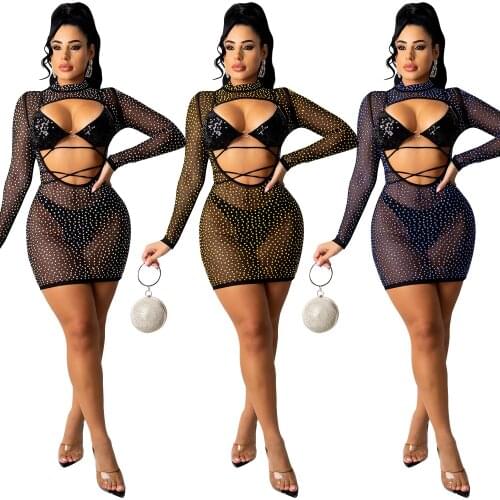 Cutubly Two 2 Piece Skirt Set Fashion Bandage Diamond Print Womens Sets Hollow Out Girls Bra Top And O Neck Mini Dress Suit